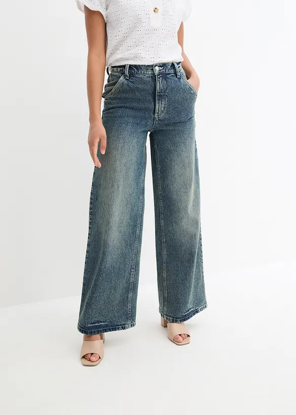 Wide Leg Jeans High Waist, Low Stretch in blau von vorne - bonprix