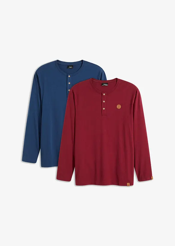 Langarm-Henleyshirt aus reiner Bio-Baumwolle (2er Pack) in blau von vorne - bonprix