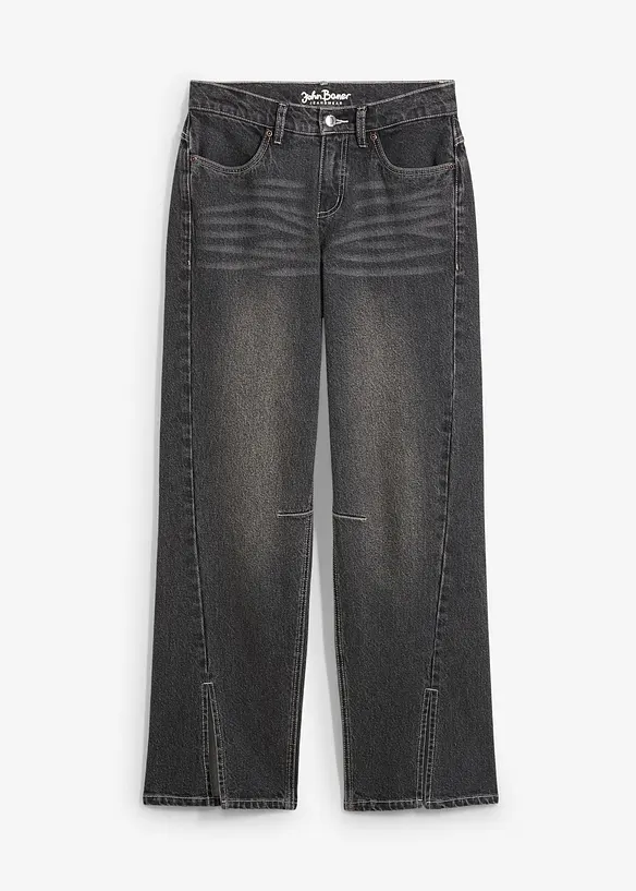 Wide Jeans Mid Waist, Slit in grau von vorne - bonprix