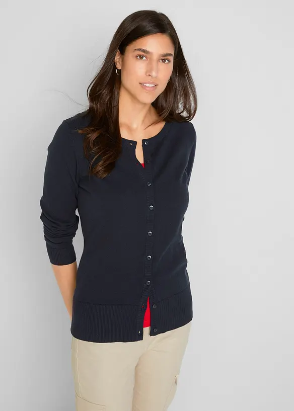 Feinstrickjacke mit recycelter Baumwolle in blau von vorne (im Anschnitt) - bonprix