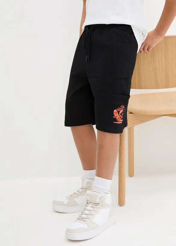 Sweat-Cargobermuda aus reiner Bio-Baumwolle in schwarz von vorne - bonprix