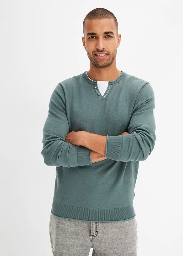 Feinstrickpullover in 2 in 1 Optik in grün von vorne (im Anschnitt) - bonprix