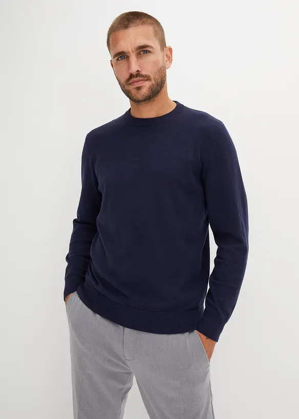 Feinstrickpullover aus weichem Baumwollmix in blau von vorne (im Anschnitt) - bonprix