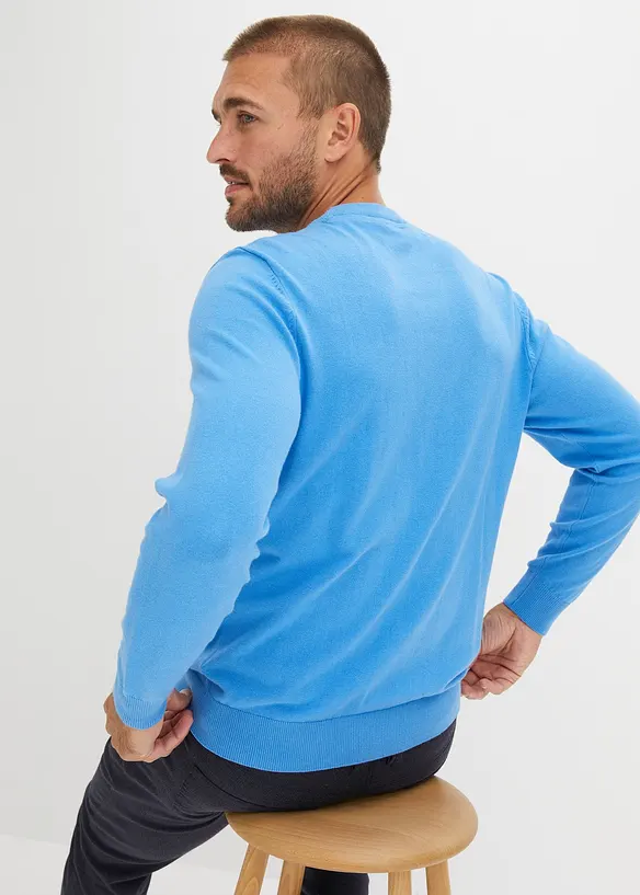 Feinstrickpullover aus weichem Baumwollmix in blau von hinten (im Anschnitt) - bonprix