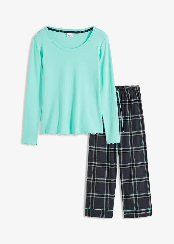 Pyjama mit Rippshirt und Flanellhose in grün von vorne - bonprix