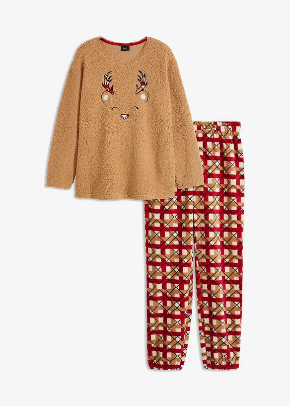 Loungewear Hausanzug aus Fleece mit Stickerei in beige von vorne - bonprix