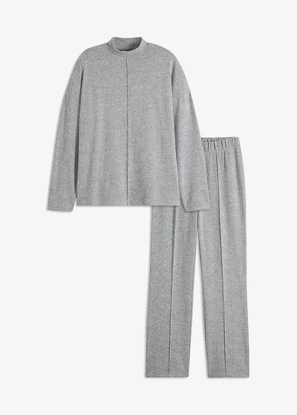 Weit geschnittener Loungewear Hausanzug aus weicher Qualität in grau von vorne - bonprix
