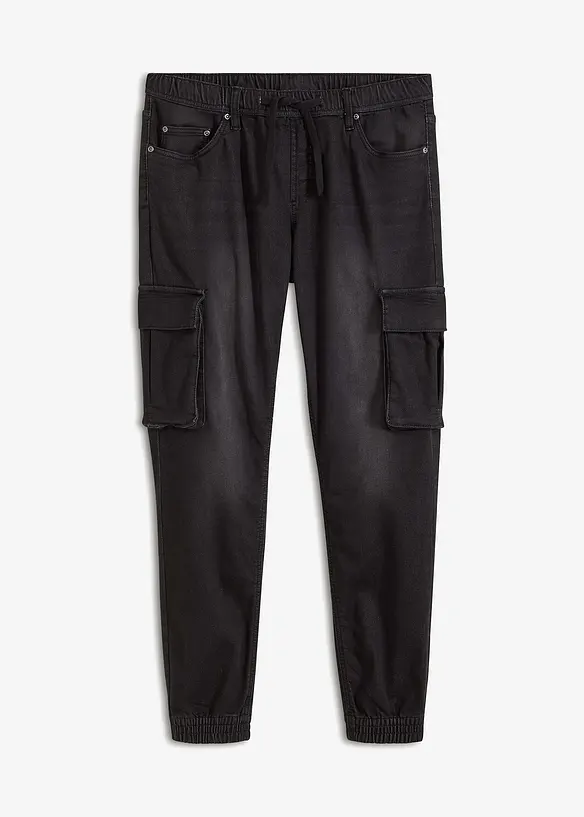 Slim-Fit Cargo-Jeans-Jogger mit Dehnbund, Straight in schwarz von vorne - bonprix