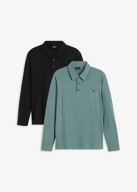 Poloshirts (2er Pack), Langarm in grün von vorne - bonprix