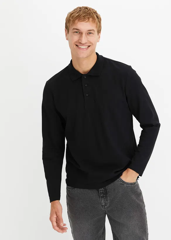 Piqué-Poloshirt, Langarm in schwarz von vorne (im Anschnitt) - bonprix