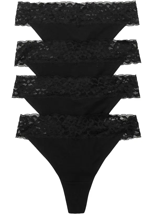 String mit Baumwolle und Spitze (4er Pack) in schwarz von vorne - bonprix