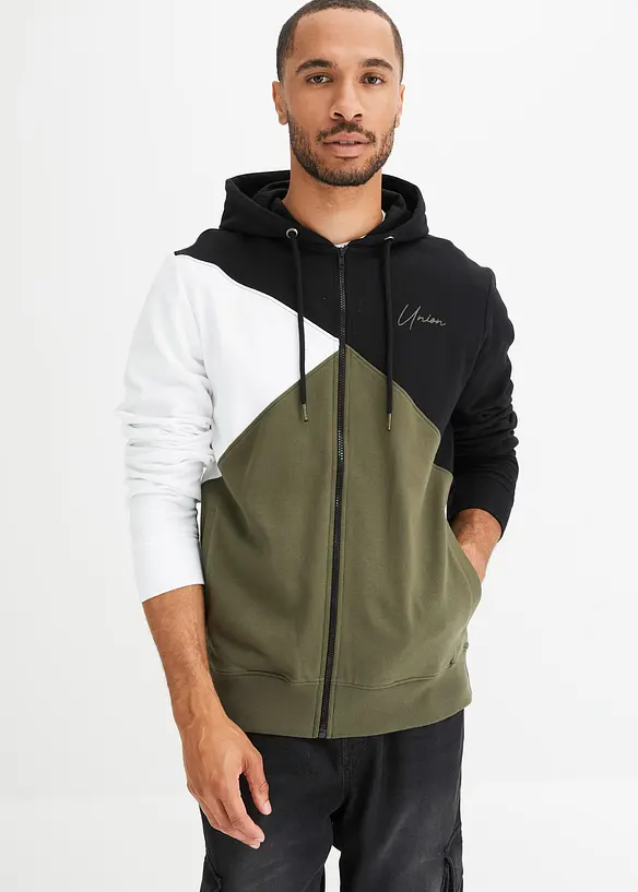 Kapuzen-Sweatjacke aus reiner Bio Baumwolle in schwarz von vorne (im Anschnitt) - bonprix
