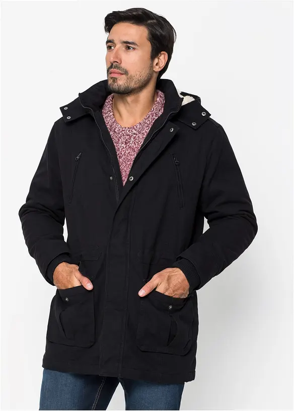 Winter-Parka mit Teddy-Kapuze in schwarz von vorne (im Anschnitt) - bonprix