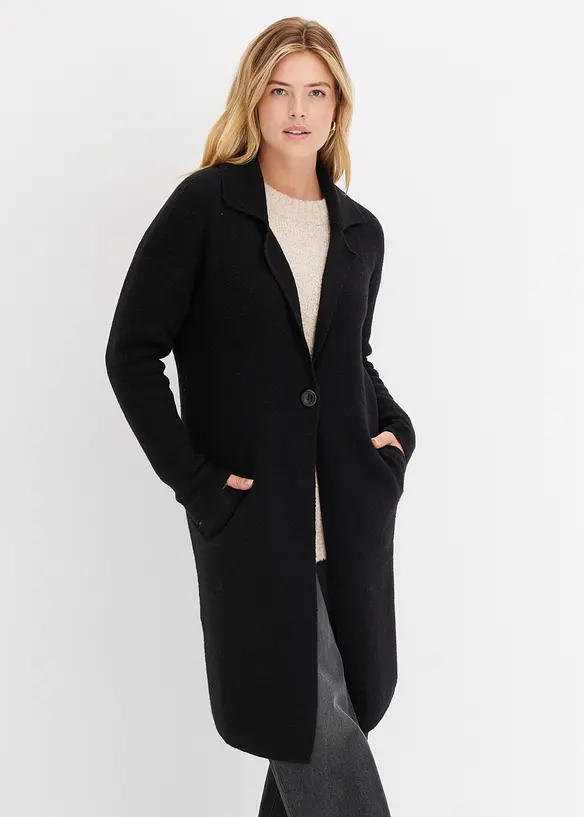 Langer Strickmantel im Loose Fit aus Baumwoll-Mix in schwarz von vorne (im Anschnitt) - bonprix