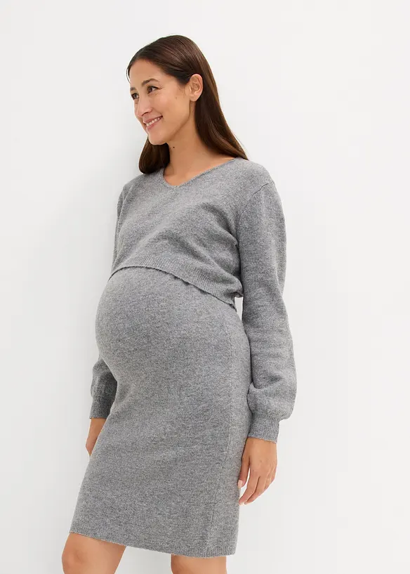 2-teiliges Umstands-Strickset aus Pullover und Rock in grau von vorne (Totalaufnahme) - bonprix