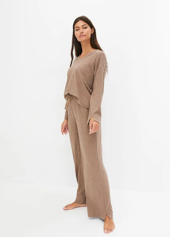 Loungewear Hausanzug mit weitem Bein aus weicher Rippe in braun von vorne (Totalaufnahme) - bonprix