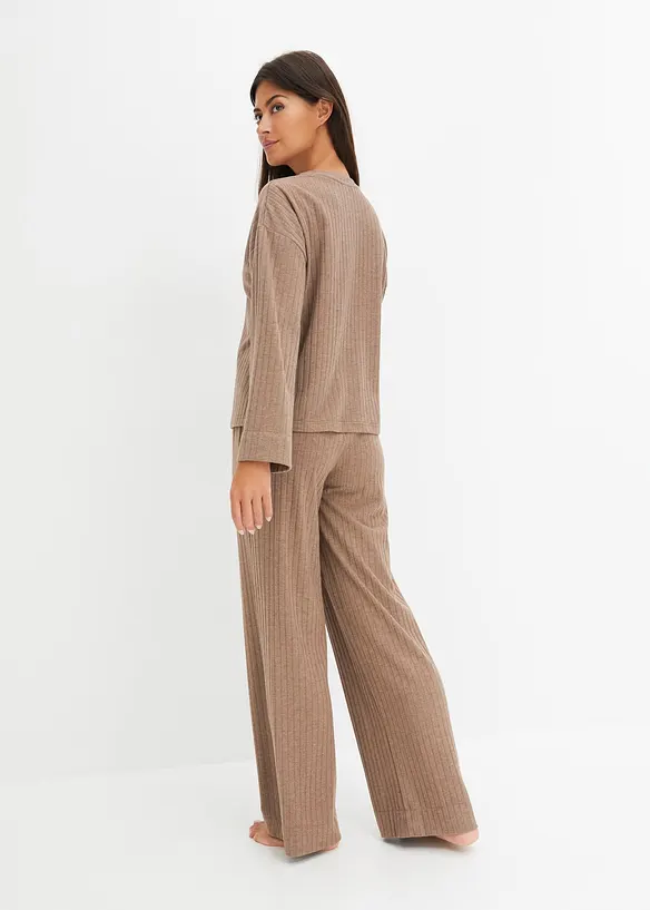 Loungewear Hausanzug mit weitem Bein aus weicher Rippe in braun von hinten (Totalaufnahme) - bonprix