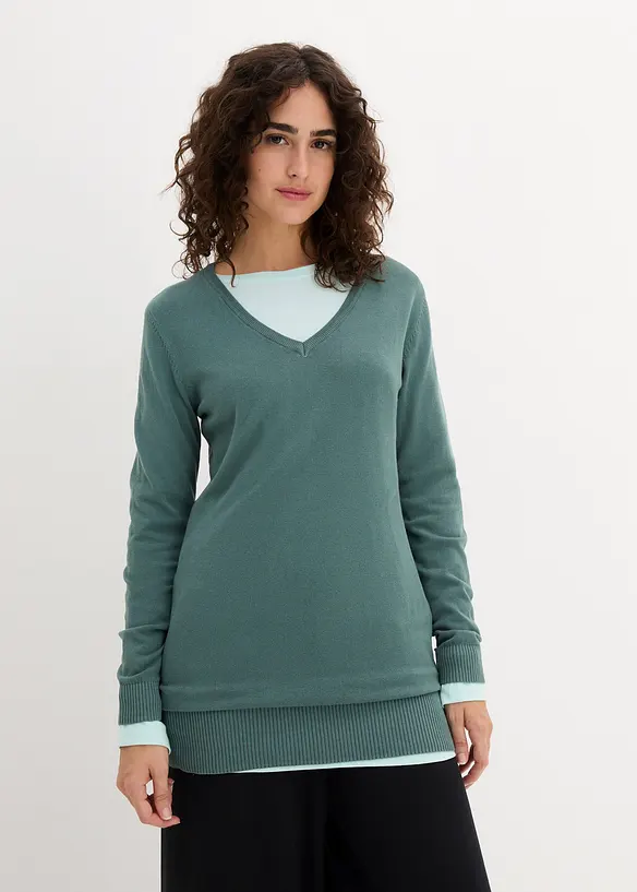 Feinstrick Longpullover mit V-Ausschnitt in grün von vorne (im Anschnitt) - bonprix Feinstrick Longpullover mit V-Ausschnitt in grün von vorne (im Anschnitt) - bonprix