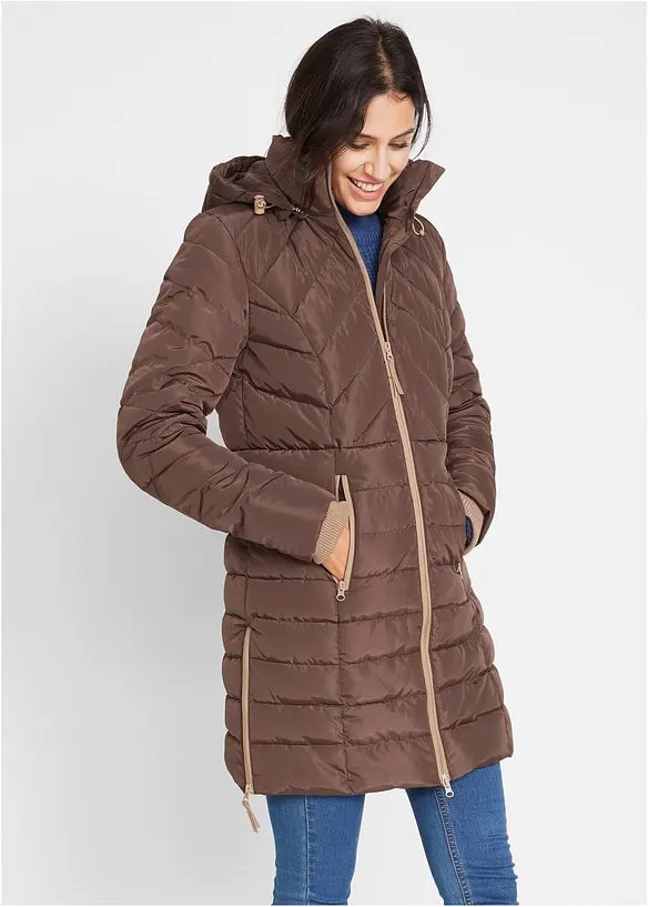 Long-Steppjacke mit Wattierung in braun von vorne (im Anschnitt) - bonprix