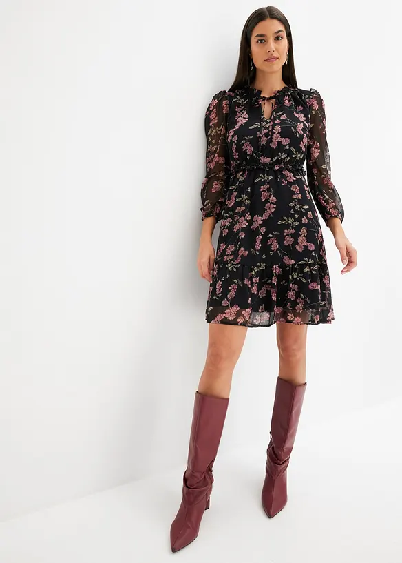 Chiffonkleid in schwarz von vorne (Totalaufnahme) - bonprix