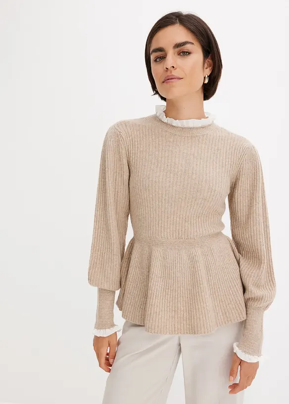 Pullover mit Blusen-Einsatz in beige von vorne (im Anschnitt) - bonprix