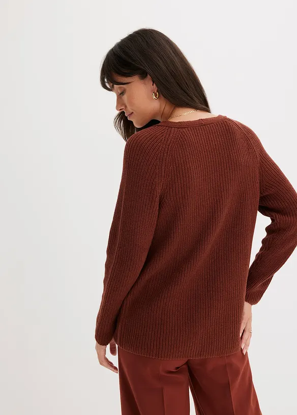Gerippter Pullover aus reiner Baumwolle in braun von hinten (im Anschnitt) - bonprix