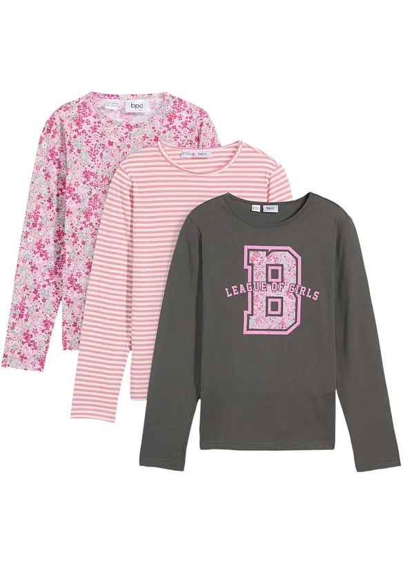 Langarmshirt aus reiner Bio-Baumwolle (3er Pack) in pink von vorne - bonprix