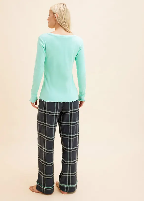 Pyjama mit Rippshirt und Flanellhose in grün von hinten (Totalaufnahme) - bonprix