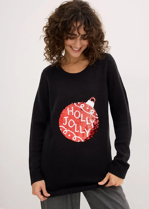 Weihnachtspullover mit Wendepailletten in schwarz von vorne (im Anschnitt) - bonprix