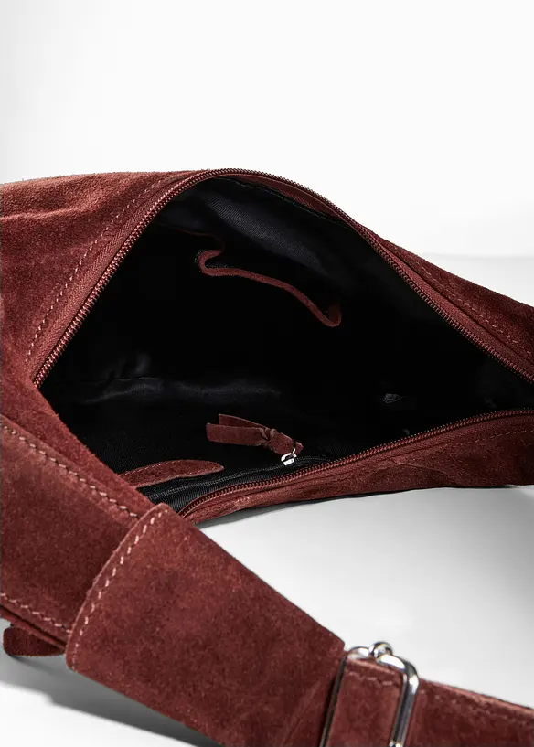 Umhängetasche aus Veloursleder in braun geöffnet - bonprix