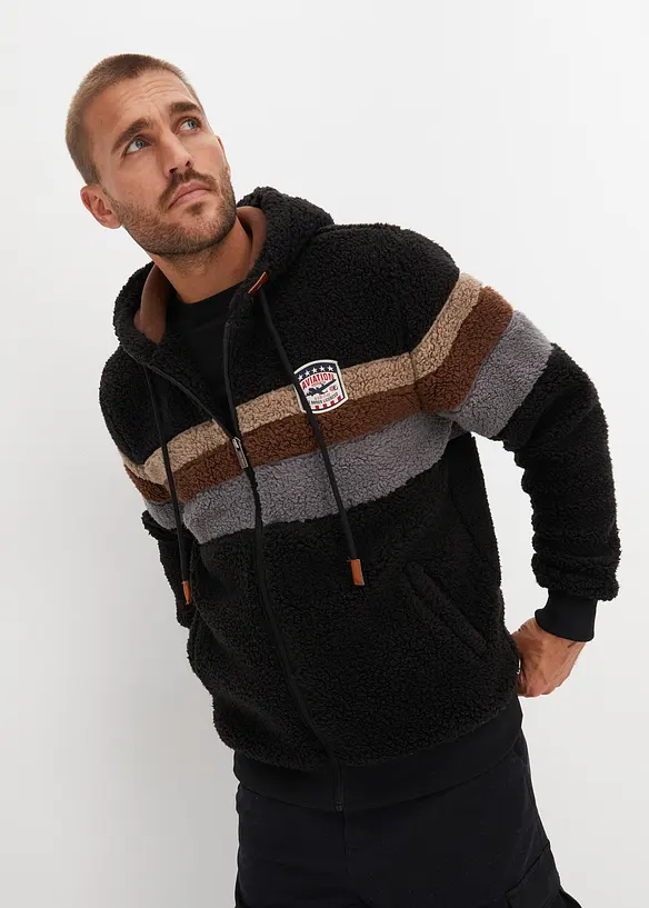 Teddy-Fleecejacke mit Kapuze in schwarz von vorne (im Anschnitt) - bonprix