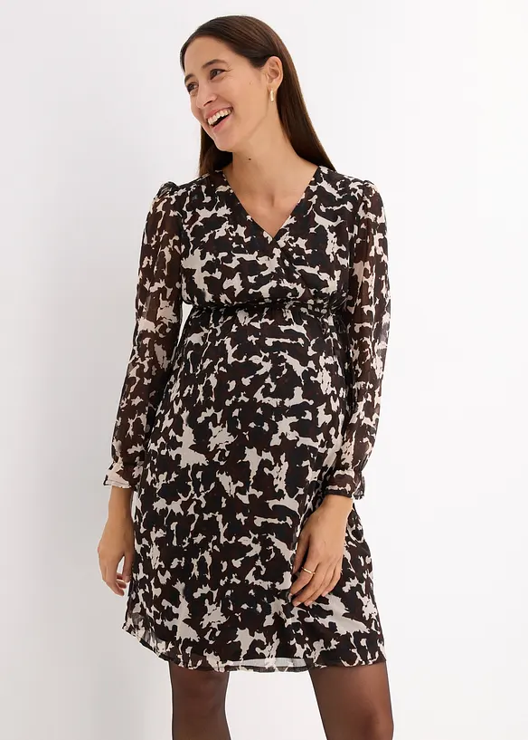 2-in-1 Umstands-und Stillkleid aus Chiffon in schwarz von vorne (Totalaufnahme) - bonprix