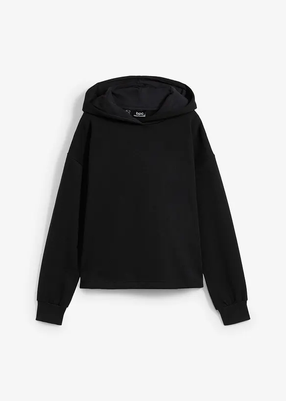 Sweatshirt mit Kapuze und Kordelzug am Saum in schwarz von vorne - bonprix