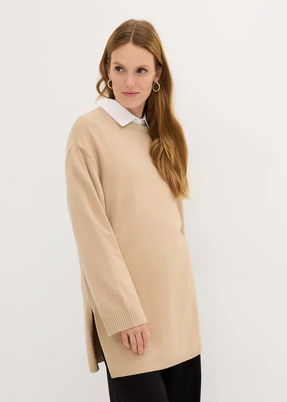 Long-Feinstrickpullover mit Seitenschlitzen aus Viskose-Mix in beige von vorne (im Anschnitt) - bonprix