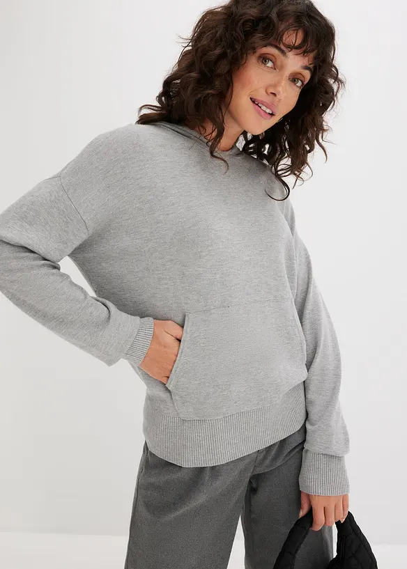Strick-Hoodie mit Kängurutasche aus Viskose-Mix in grau von vorne (im Anschnitt) - bonprix Strick-Hoodie mit Kängurutasche aus Viskose-Mix in grau von vorne (im Anschnitt) - bonprix