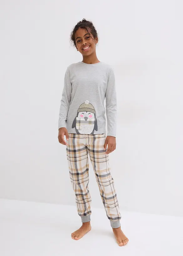 Kinder Pyjama mit Flanellhose  (2-tlg. Set) in beige von vorne (Totalaufnahme) - bonprix