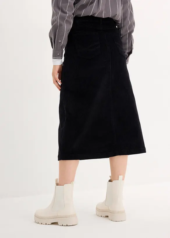 Midi-Cordrock aus elastischem Baumwoll-Mix in schwarz von hinten - bonprix