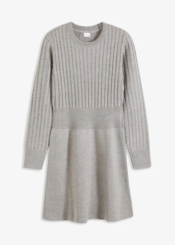 Ausgestelltes Strickkleid mit Zopfmuster in grau von vorne - bonprix