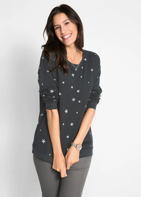 Bedrucktes Langarmshirt aus Baumwolle in schwarz von vorne (im Anschnitt) - bonprix Bedrucktes Langarmshirt aus Baumwolle in schwarz von vorne (im Anschnitt) - bonprix