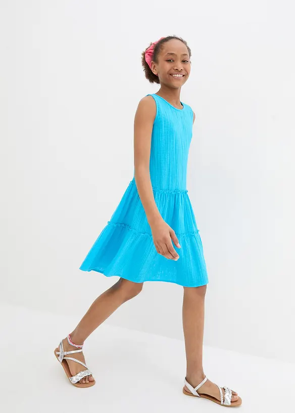 Kleid aus luftigem Musselin in blau von vorne (Totalaufnahme) - bonprix