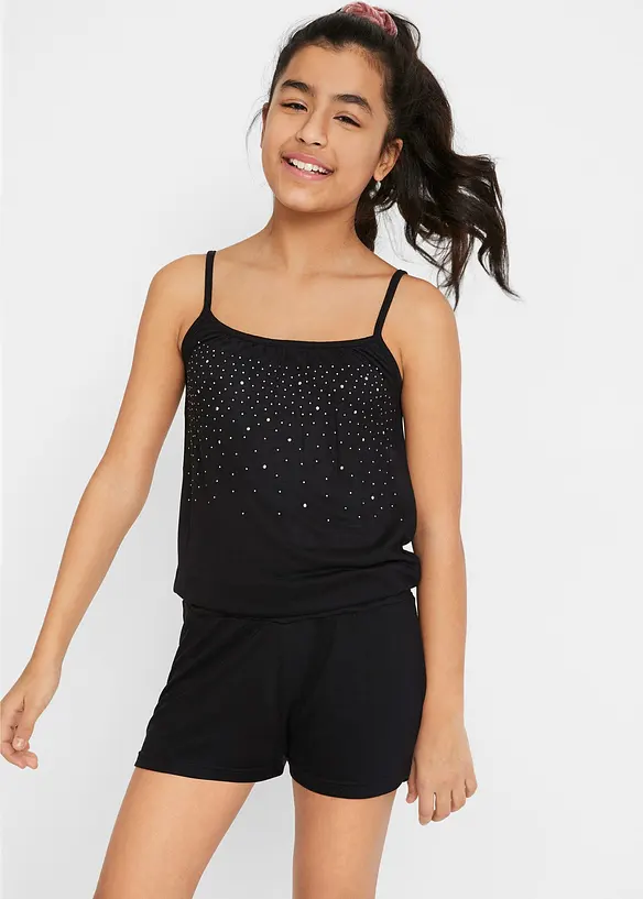 Mädchen Jumpsuit mit Nieten in schwarz von vorne (Totalaufnahme) - bonprix