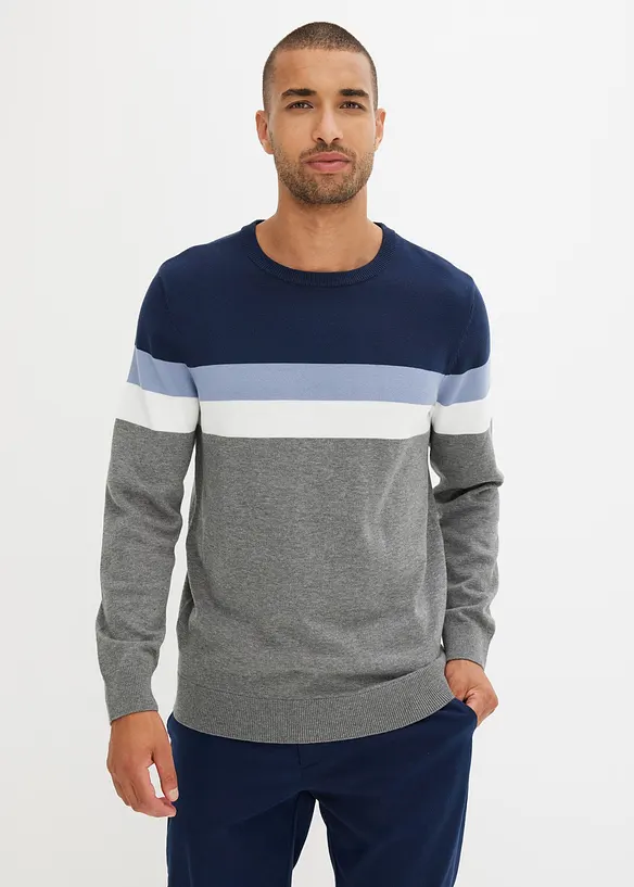 Feinstrickpullover mit reiner Baumwolle in blau von vorne (im Anschnitt) - bonprix