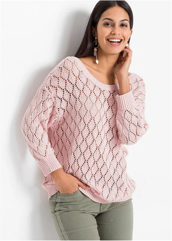 Ajour-Pullover in rosa von vorne (im Anschnitt) - bonprix