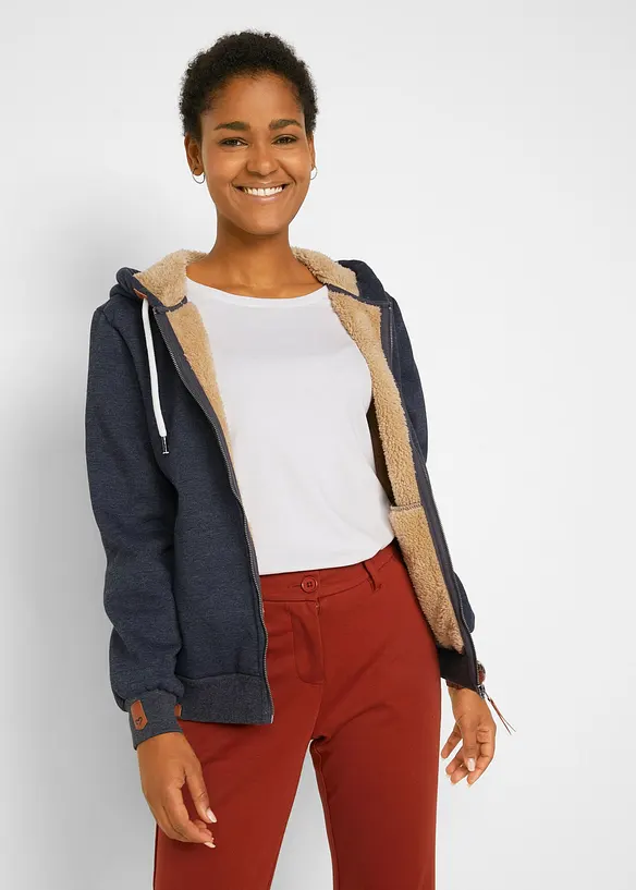 Kapuzen-Sweatjacke mit Teddyfutter in grau von vorne (im Anschnitt) - bonprix
