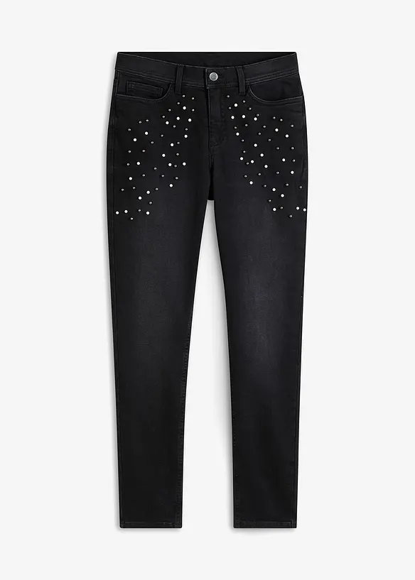 Skinny-Jeans mit Perlen-Applikation in schwarz von vorne - bonprix