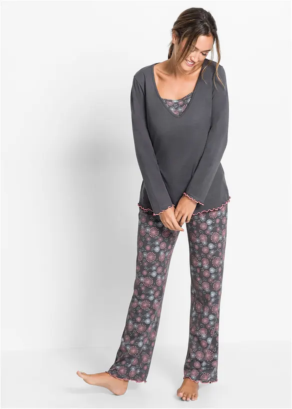 Pyjama aus reiner Bio-Baumwolle in grau von vorne (Totalaufnahme) - bonprix