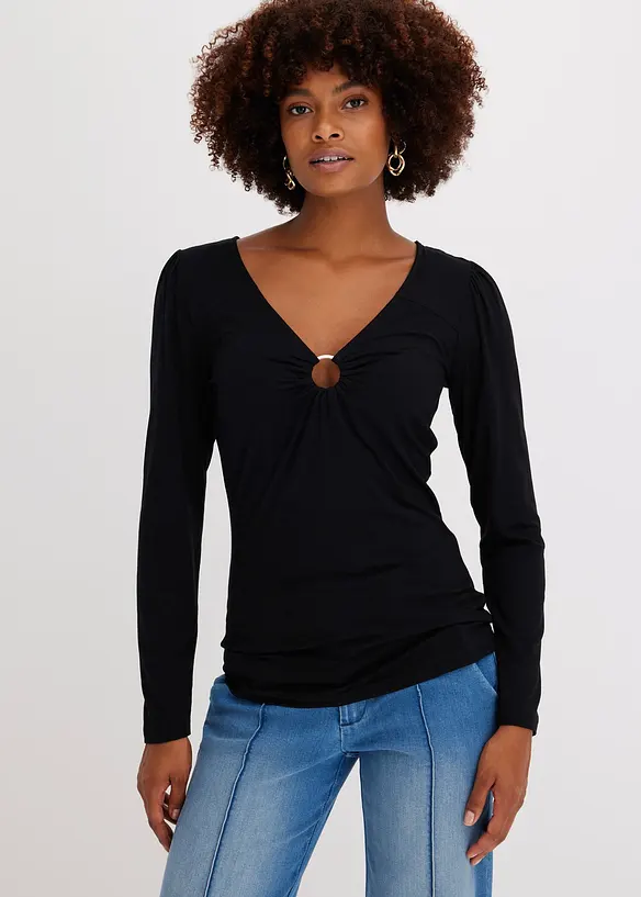 Langarmshirt mit Accessoire in schwarz von vorne (im Anschnitt) - bonprix