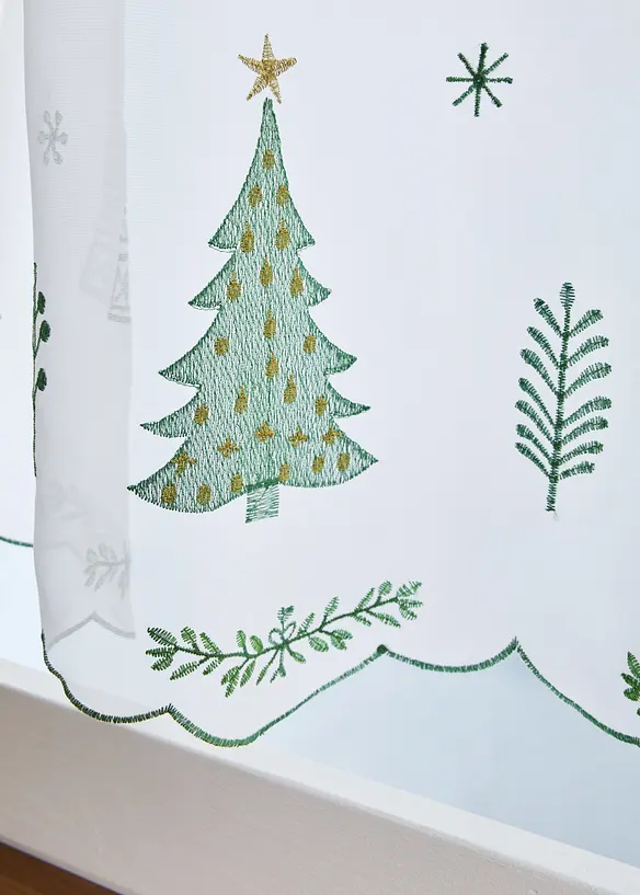 Scheibengardine mit Tannenbaum Stickerei in weiß Detailaufnahme vom Material - bonprix