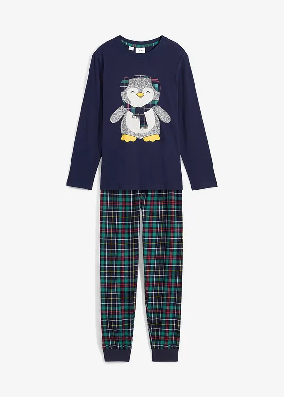 Pyjama mit Flanellhose und Bio-Baumwolle (2-tlg. Set) in blau von vorne - bonprix
