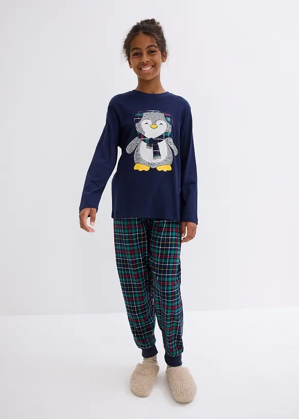 Pyjama mit Flanellhose und Bio-Baumwolle (2-tlg. Set) in blau von vorne (Totalaufnahme) - bonprix
